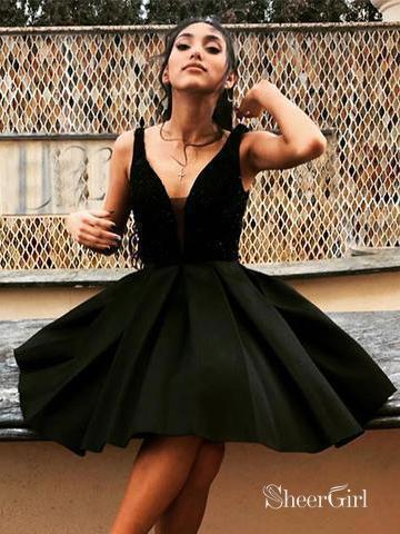 A Line V Neck Little Black Dress Knee Length Lace Top Homecoming Dresses ARD1574-SheerGirl