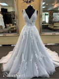 A Line V Neck Pure White Appliqued Wedding Gown Sweep Train Wedding Dress AWD1610-SheerGirl