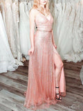 A Line V-neck Shiny Prom Dresses With Slit ARD2223-SheerGirl