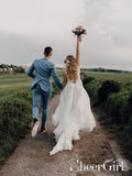 A Line V-neck and Low Keyhole Back Wedding Dress Waved Bottom Edge Bridal Dress AWD1662-SheerGirl