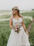 A Line V-neck and Low Keyhole Back Wedding Dress Waved Bottom Edge Bridal Dress AWD1662-SheerGirl