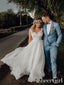 A Line V-neck and Low Keyhole Back Wedding Dress Waved Bottom Edge Bridal Dress AWD1662