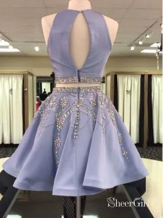 A-line 2 Piece Homecoming Dresses Light Blue Rhinestone Beaded Hoco Dress APD2746-SheerGirl
