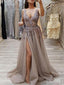 A-line Beaded V-neck Prom Dresses With Slit Long Prom Gowns ARD2135
