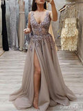 A-line Beaded V-neck Prom Dresses With Slit Long Prom Gowns ARD2135-SheerGirl