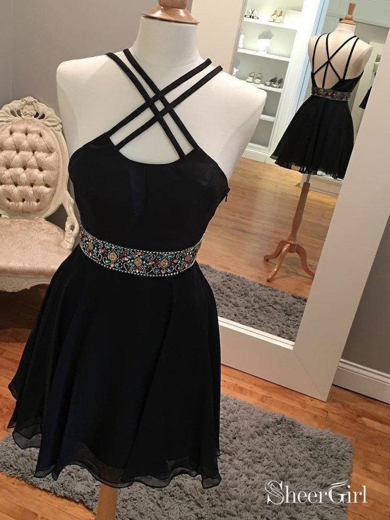A-line Black Chiffon with Beaded Waistband Homecoming Dresses APD2742-SheerGirl