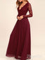 A-line Burgundy Chiffon Long Sleeves Lace Bridesmaid Dresses APD1984