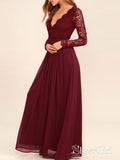 A-line Burgundy Chiffon Long Sleeves Lace Bridesmaid Dresses APD1984-SheerGirl