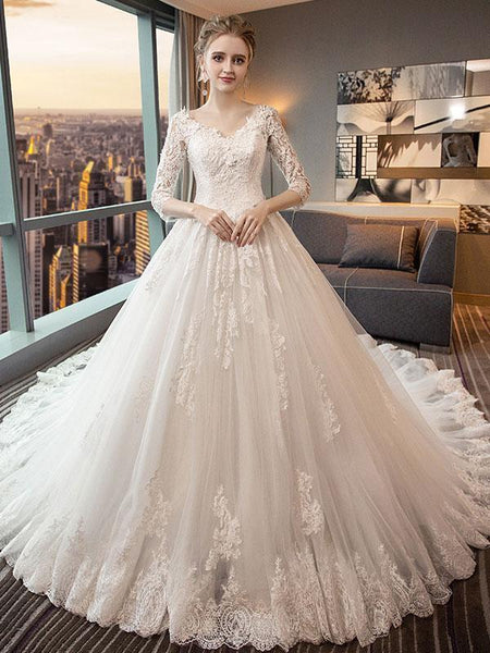 A-Line Cathedral Train Royal Lace Wedding Dresses with 3/4 Sleeves SWD0044 A-Line Cathedral Train Royal Lace Wedding Dresses with 3/4 Sleeves SWD0044
