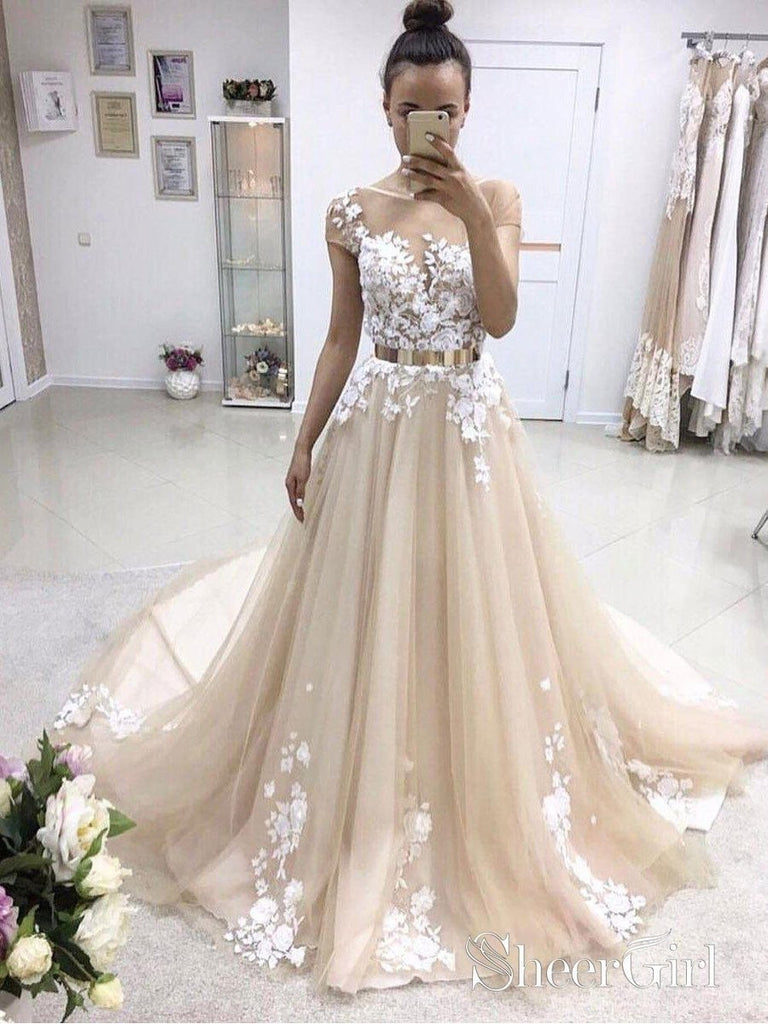 A-line Champagne Lace Appliqued Gold Sash Cap Sleeves Prom Dresses