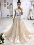 A-line Champagne Lace Appliqued Gold Sash Cap Sleeves Prom Dresses SWD0019-SheerGirl
