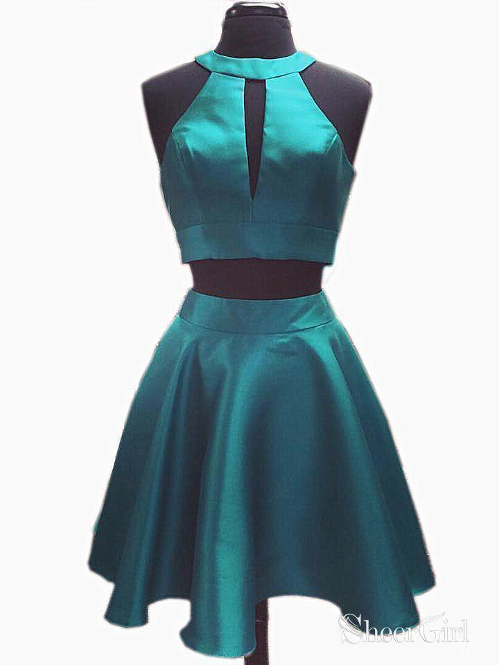 A-line Dark Green Satin Backless 2 Piece Cheap Homecoming Dresses APD2687-SheerGirl