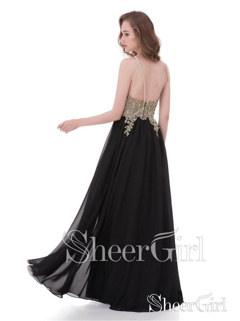 A-line Gold Lace Top Black Long Prom Dresses Formal Dress apd2453-SheerGirl