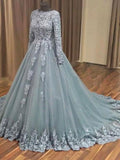 A-line Grey Tulle Lace Appliqued Long Sleeves Wedding Dresses Quinceanera Dresses,apd2518-SheerGirl