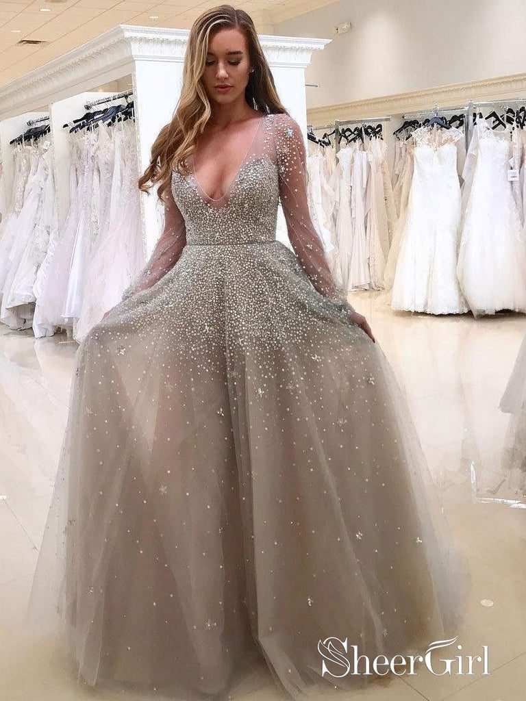 A-line Grey Tulle with Beaded Deep V-neck Sexy Prom Dresses with Sleeves APD2759 A-line Grey Tulle with Beaded Deep V-neck Sexy Prom Dresses with Sleeves APD2759
