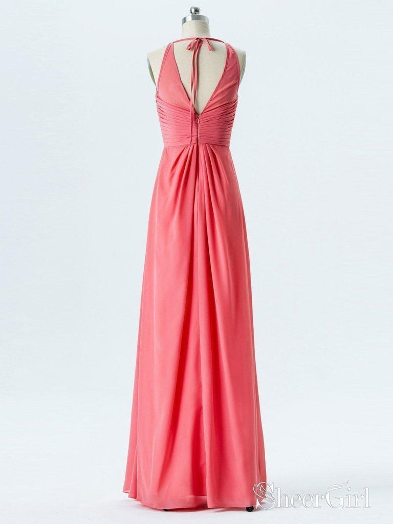 A-line Halter Empire Watermelon Chiffon Long Bridesmaid Dresses APD2866-SheerGirl