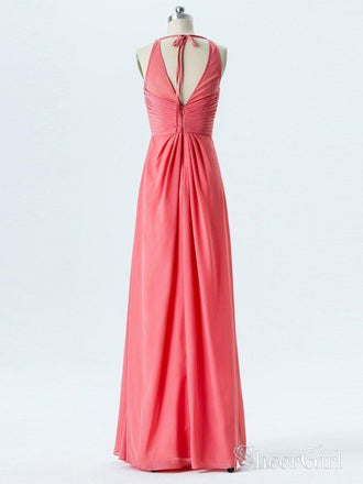 A-line Halter Empire Watermelon Chiffon Long Bridesmaid Dresses APD2866-SheerGirl