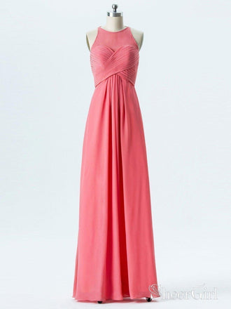 A-line Halter Empire Watermelon Chiffon Long Bridesmaid Dresses APD2866-SheerGirl