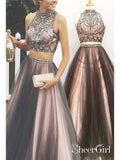 A-line Halter High Neck Beaded Top Tulle 2 Piece Long Prom Dresses apd1939-SheerGirl