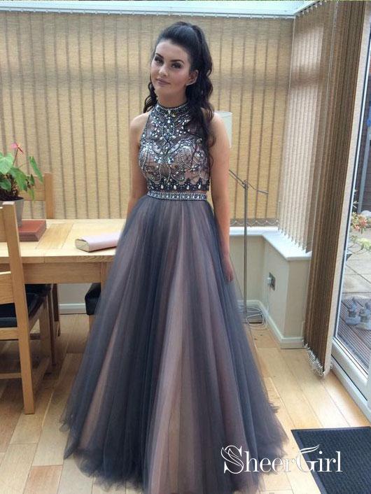 A-line High Neck Beaded Top Tulle 2 Piece Long Prom Dresses apd – SheerGirl
