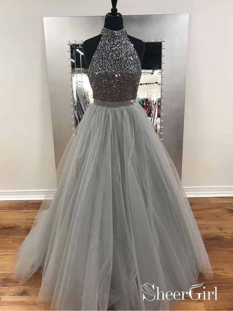 A-line Halter High Neck Grey Tulle with Rhinestone Beaded Prom Dresses SheerGirl A-line Halter High Neck Grey Tulle with Rhinestone Beaded Prom Dresses SheerGirl
