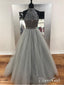 A-line Halter High Neck Grey Tulle with Rhinestone Beaded Prom Dresses APD2783