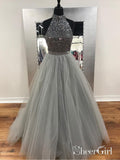 A-line Halter High Neck Grey Tulle with Rhinestone Beaded Prom Dresses APD2783-SheerGirl