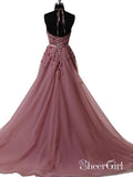 A-line Halter Lace Appliqued Formal Evening Gowns See-through Long Prom Dresses APD3049-SheerGirl
