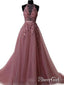 A-line Halter Lace Appliqued Formal Evening Gowns See-through Long Prom Dresses APD3049