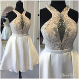A-line Halter Lace Top Ivory Satin Short Homecoming Dresses APD2779-SheerGirl