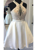 A-line Halter Lace Top Ivory Satin Short Homecoming Dresses APD2779-SheerGirl