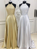 A-line Halter Rhinestone Beaded Top Long Prom Dresses APD3006-SheerGirl