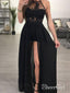 Ohlávka A-line Průhledné černé šifonové sexy dlouhé plesové šaty s rozparkem APD2722