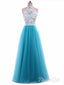 A-line Halter White Lace Blue Tulle Cheap Simple Prom Dresses APD2993