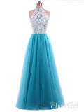 A-line Halter White Lace Blue Tulle Cheap Simple Prom Dresses APD2993-SheerGirl