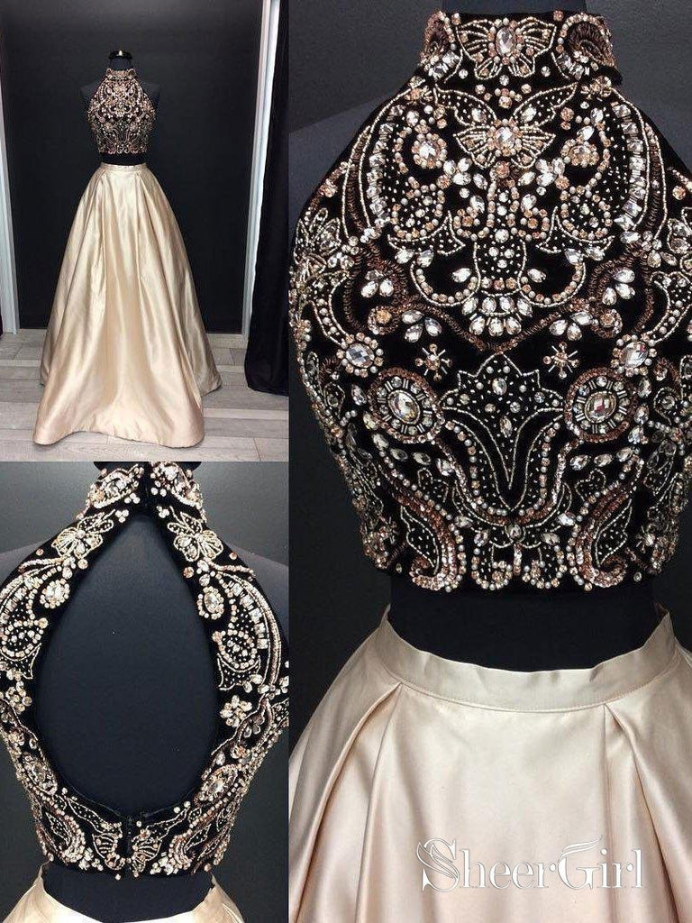 A-line High Neck Beaded Bodice Two Piece Long Prom Dresses APD2888 A-line High Neck Beaded Bodice Two Piece Long Prom Dresses APD2888