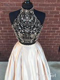 A-line High Neck Beaded Bodice Two Piece Long Prom Dresses APD2888-SheerGirl