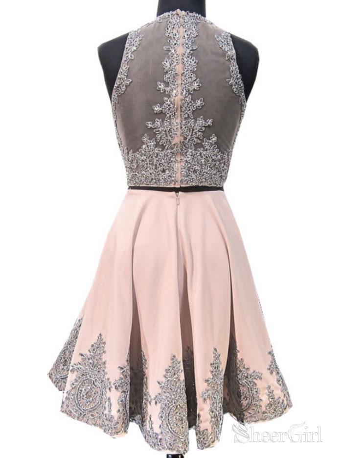 A-line Illusion Neck Grey Lace Appliqued 2 Piece Homecoming Dresses APD2837-SheerGirl