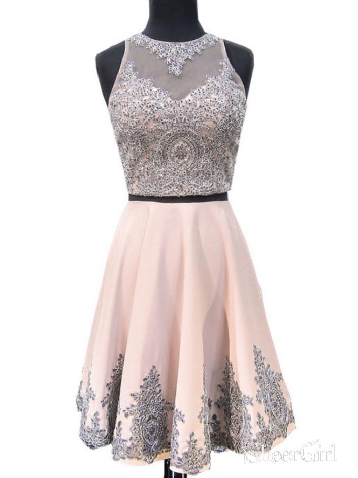 A-line Illusion Neck Grey Lace Appliqued 2 Piece Homecoming Dresses APD2837 A-line Illusion Neck Grey Lace Appliqued 2 Piece Homecoming Dresses APD2837