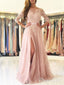 A-line Illusion Neck Lace and Tulle Skirt Half Sleeves Long Prom Dresses APD2792