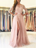 A-line Illusion Neck Lace and Tulle Skirt Half Sleeves Long Prom Dresses APD2792-SheerGirl