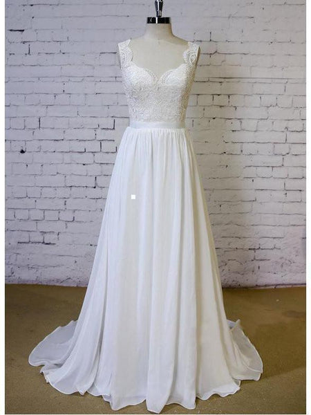 white christmas dresses A Line Chiffon Beach Wedding Dress with Lace, Long Flowy Bridal Dress –  cherishgirls main image 0