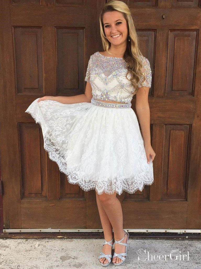 A-line Ivory Lace Shiny Beaded Short Sleeves Homecoming Dresses APD2701 A-line Ivory Lace Shiny Beaded Short Sleeves Homecoming Dresses APD2701