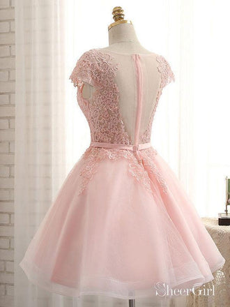 A-line Lace Appliqued Mini Length Homecoming Dresses with Cap Sleeves,apd2668-SheerGirl
