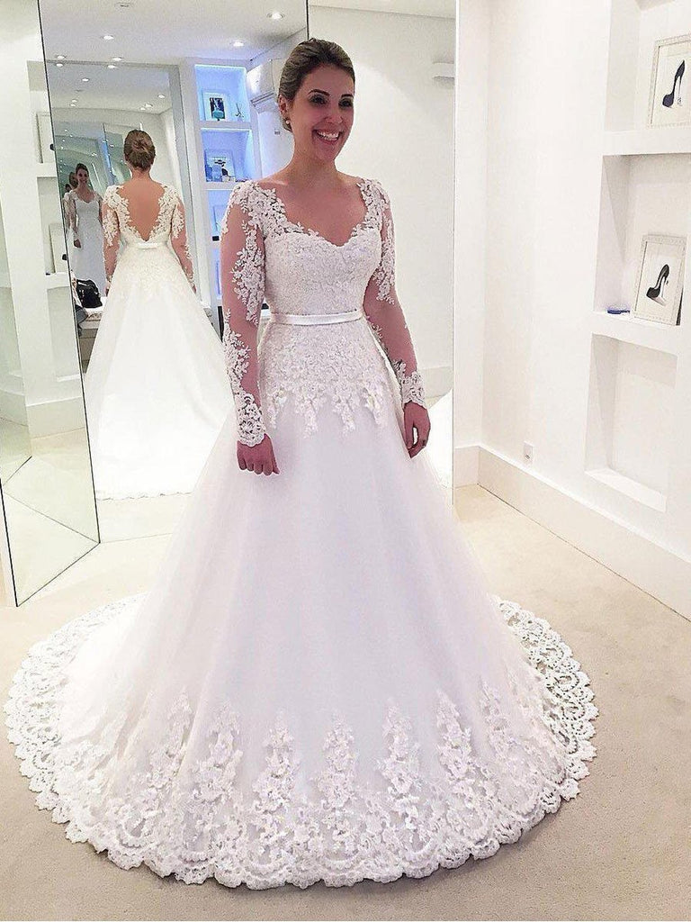 A-line Lace Appliqued Plus Size Wedding Dresses with Long Sleeves SWD0 ...