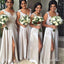Vestidos de dama de honor de satén plateado con apliques de encaje de una línea con abertura, vestidos largos de fiesta de boda, apd1822
