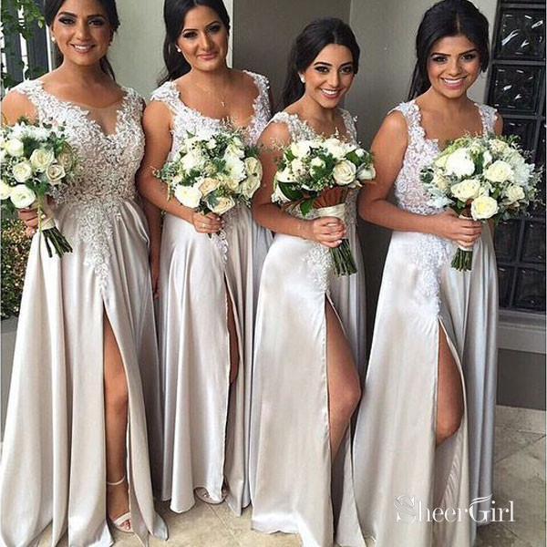 A-line Lace Appliqued Silver Satin Bridesmaid Dresses with Slit,Long W SheerGirl A-line Lace Appliqued Silver Satin Bridesmaid Dresses with Slit,Long W SheerGirl