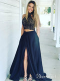 A-line Lace Bodice Navy Two Piece Prom Dresses with Split APD2885-SheerGirl