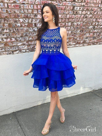 A-line Lace Top Organza Skirt Royal Blue Short Homecoming Dresses APD2713-SheerGirl