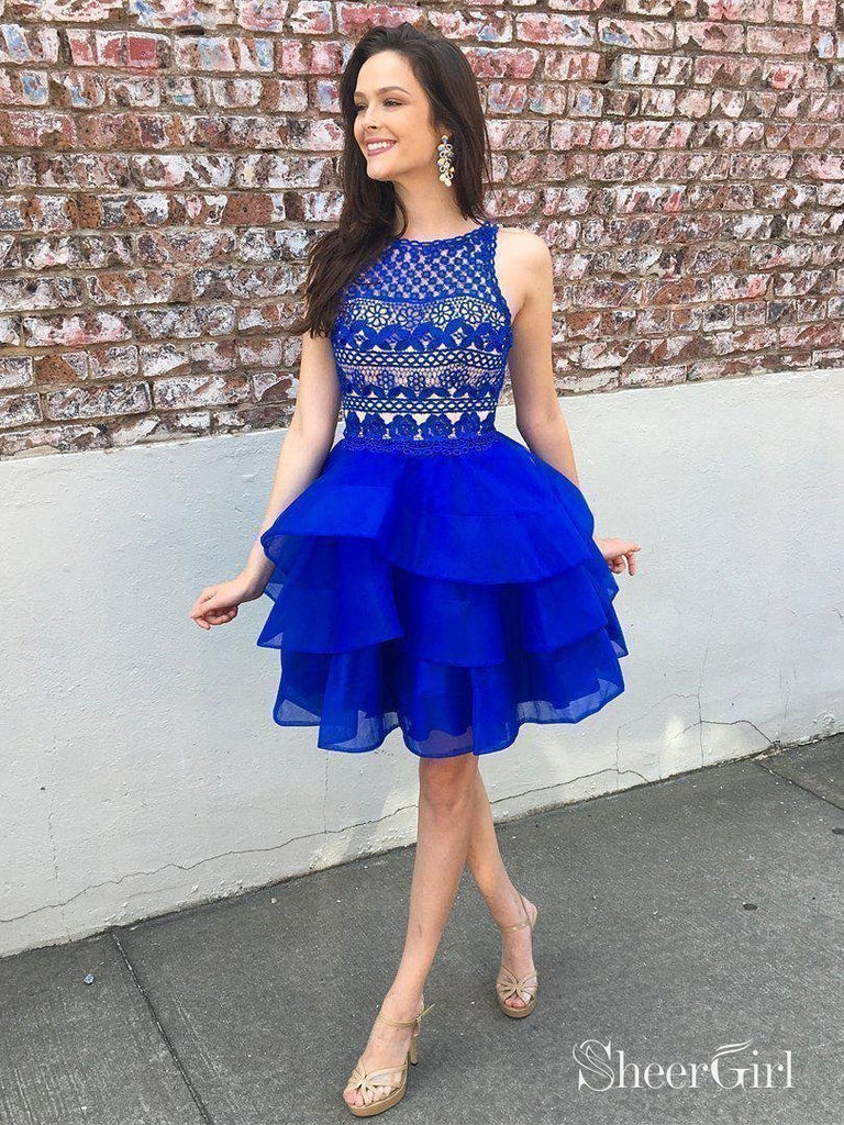 A-line Lace Top Organza Skirt Royal Blue Short Homecoming Dresses APD2713-SheerGirl